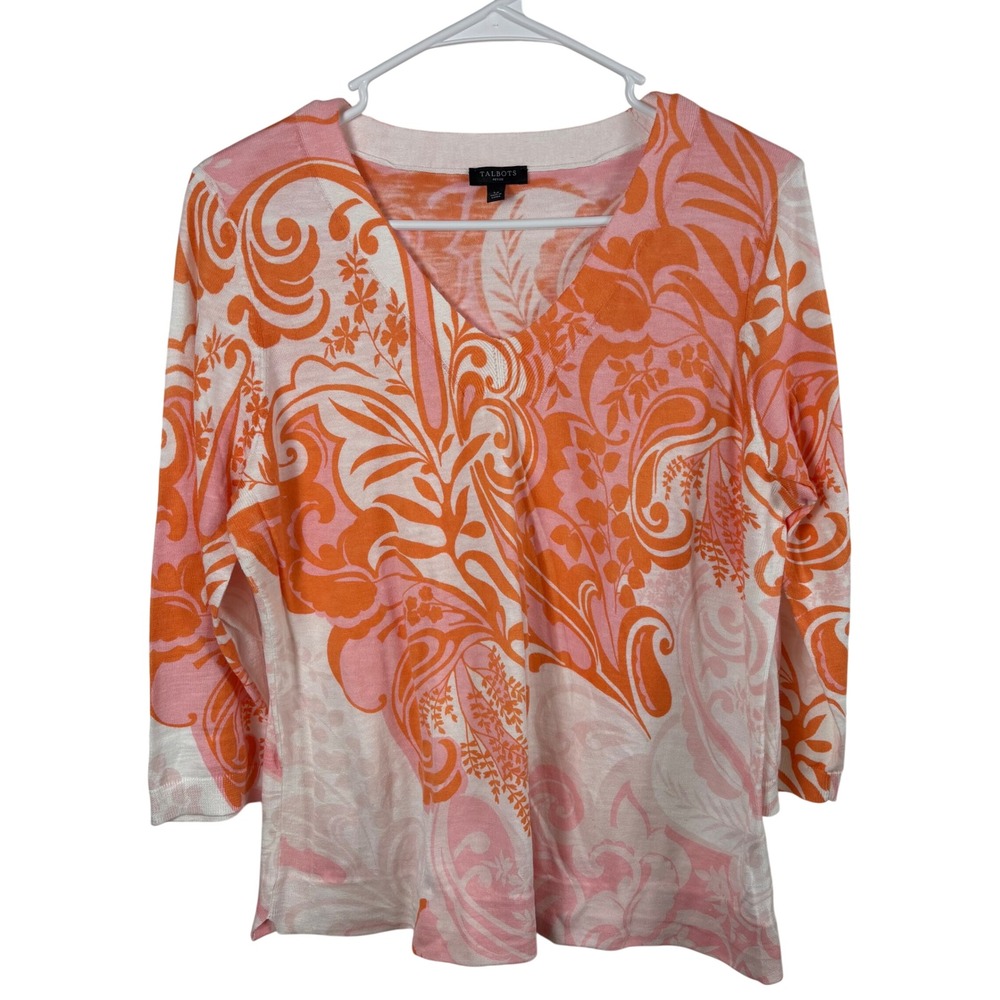 Talbots Sweater LP Orange Pink Paisley V-Neck Cotton 3/4 Sleeve Coastal Boho